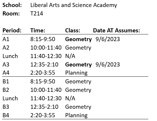 School: LASA. Room: T214. Geometry is in the first three periods of each day. I teach on A days exclusively, in first period (from 8:15-9:50) and third period (from 12:35-2:10)